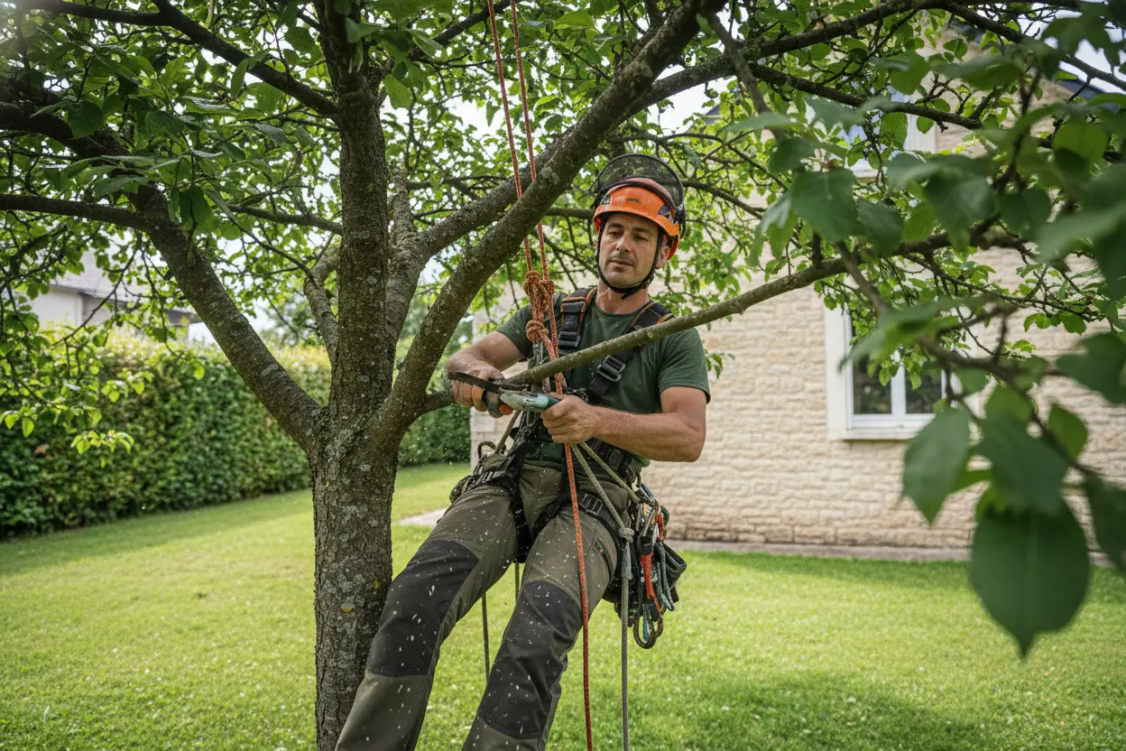 Arboriste grimpeur élaguant un grand arbre en taille douce à Troyes